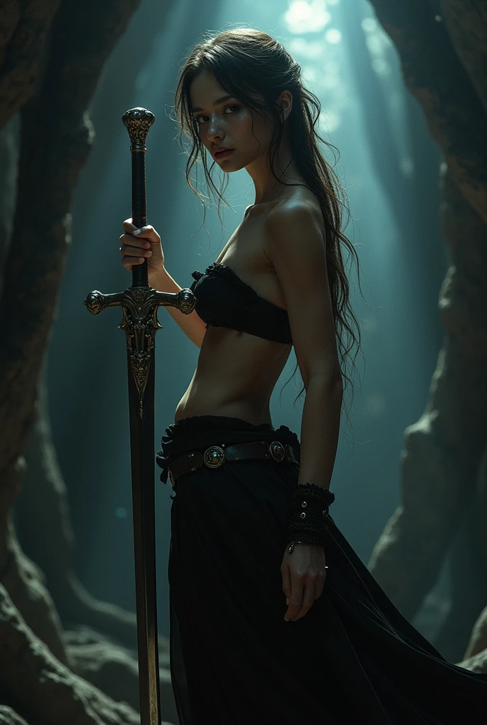 Editorial photography,Super detailed background,super realistic,double exposure,depth of field,beauty super slender fluids,soft focus bright colors tone,Narrative scene,acrylic paint,high contrast multi-layer structure cyborg,luminous body,very long straight brunette hair,Hold Japanese sword KATANA with both hands.,bare shoulders,dystopia apocalypse,geometric large tattoo on face,