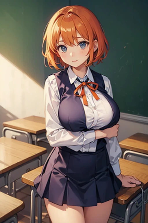 Ginger hair, blue eyes, rounded rear, good breast, thick thighs, wide hips, tall, freckles, at school, classroom scenario, close to viewer, short tomboyish hair, tomboy, messy hair, white scholar shirt, school skirt, school formal shoes, one girl, ginger haired, beautiful, cute, blushing, five fingers, cute, chubby, soft chubby, smiling shily, big soft legs, freckles on face. Freckles on legs, messy hair tomboy style