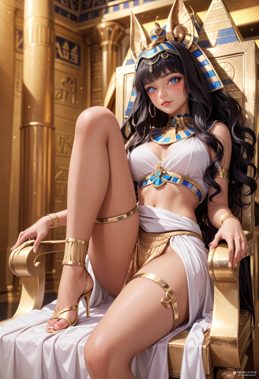 Cleopatra is using a cellphone (dark skin)
She is happy and having fun texting on her phone.
She is in her royal bedchamers with a harem of servants working for her pleasure.