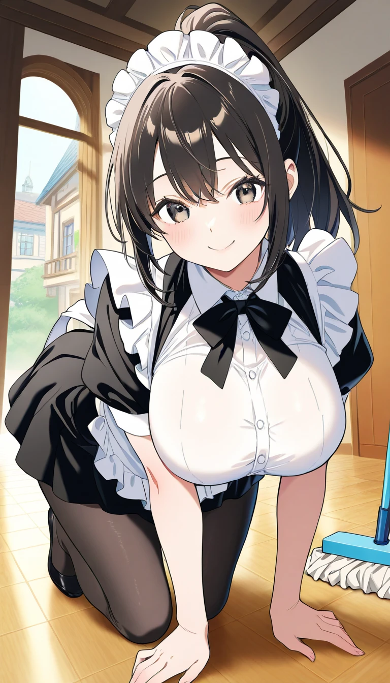 (highest quality), (masterpiece), 1080p, High resolution, 4K, 8k, ((Fishnet tights)), 2 girls, Exposing breasts, Breast Press, Selfie, Small breastsと大きい胸, nude, Nipples, Embarrassing, ((Sweat)), ((panties)), Wet, Chubby body type, good, Upper Body, Maid, frill on the neck, classroom, Shoulder Bare, ((Cleavage)), smile, exposing Nipples, Small breasts, Low - Angle, ((Black Hair)), Twin tails, Blunt bangs, Thigh-high socks, 18-year-old,