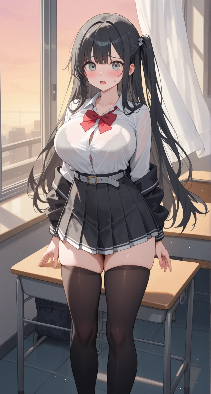 Highest quality,masterpiece,8K,1girl,((big breasts:1.3)),((orgasm,blush:1.3)),angry, sweat,mini skirt,lift skirt,upskirt,mizuki yukikaze,hair ribbon, green shirt, serafuku, white neckerchief, long sleeves, pleated skirt, black skirt, black thighhighs,pussy juice,white panties,((leaning forward,from behind:1.3)),classroom