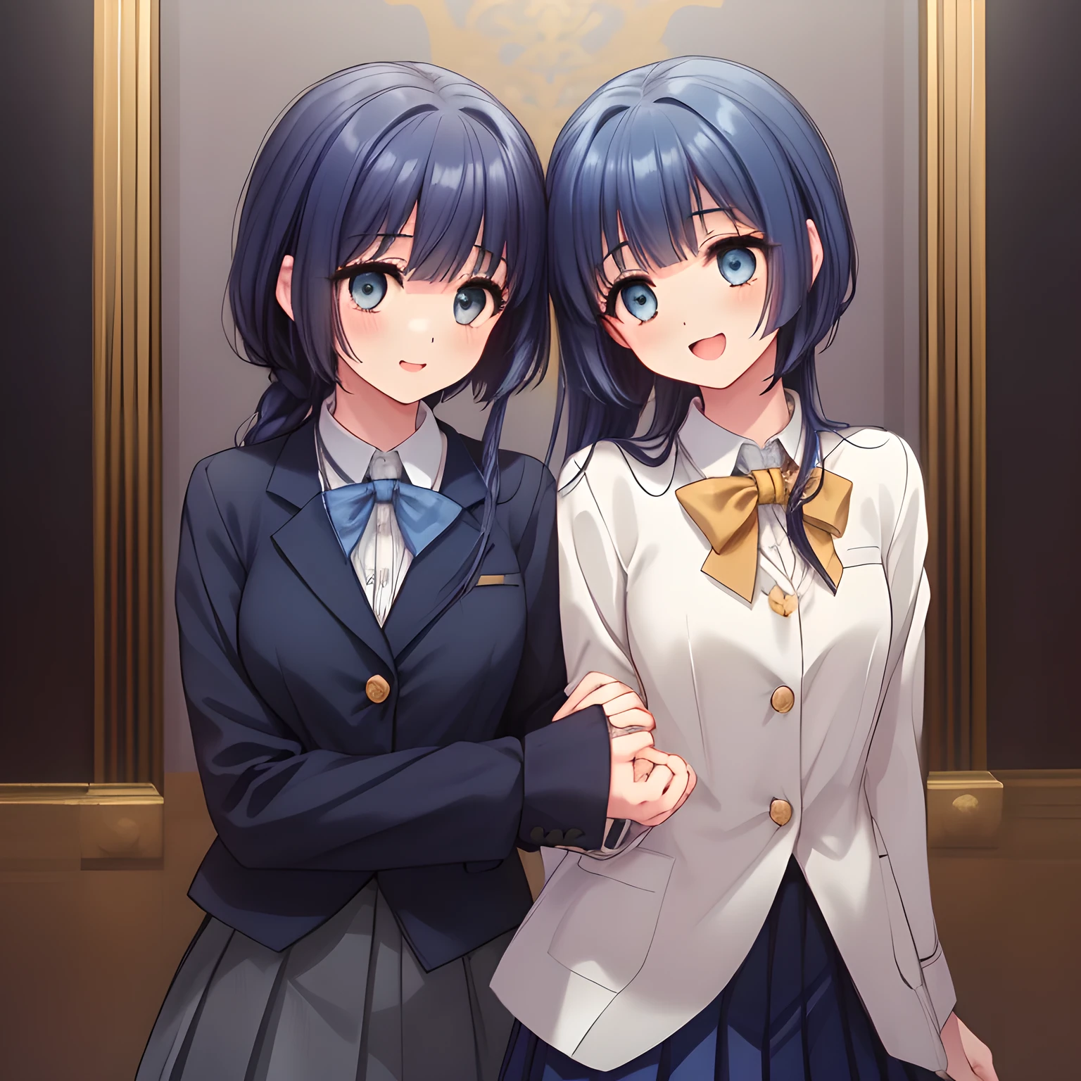 (highest quality, masterpiece:1.2), highest quality, High resolution, 1080p, 8K, (Some Too beautiful noble bewitching women entangled each other, (intelligent and perfectly balanced slender beautiful style), (neat & clean, strong charm, cutely tilted head, fluttering: 1.5), (Too noble beautiful heroine), ((neat innocent ears)), ((white smart face)): 1.2), (Too beautiful fascinating shiny (double-lidded) (thin (deep blue eyes)), ((deep upper girly eyelid)), laughing with detailed clearly: 1.5), ((amazingly beautiful ((short bobbed)) neat dark blue hair : 1.5)), (slender, small grown intelligent face: 1.5), (dark blue school blazer, evil golden emblem, pleats skirt, school neck bow-tie: 1.5), (classic school's entrance background: 1.2), (too beautiful noble rich atmosphere: 2.0)