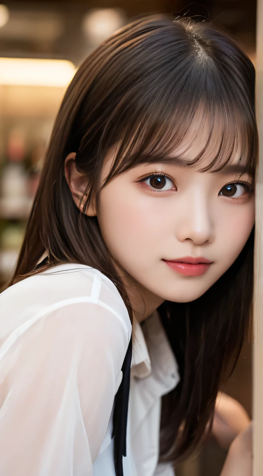 (beautiful girl、cute face、high school girl、 medium hair、moist eyes:1.3)、top quality,8K image、 patch double eyelids、happy、natural makeup、 Moi Strip、white skin、bangs that hang over the eyebrows、bar、 counter to make alcohol、is sitting、whiskey