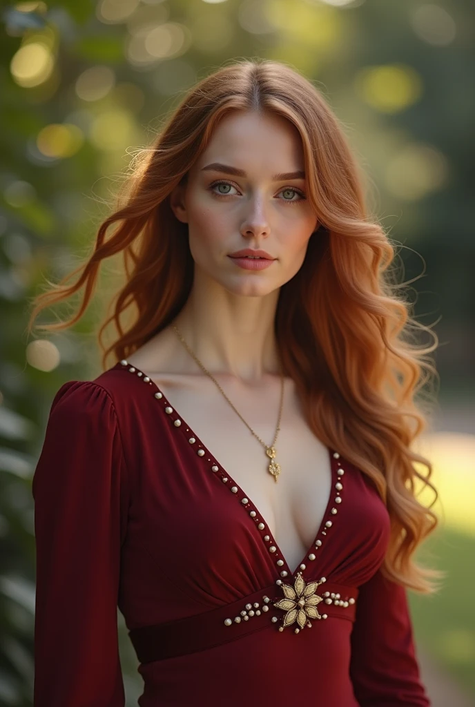Extremely specific 4K photography of a woman with Chanel orange hair, brown eyes, seductive gaze and soft smile, red lipstick on her lips, golden accessories, wearing a long red dress at a forest wedding.