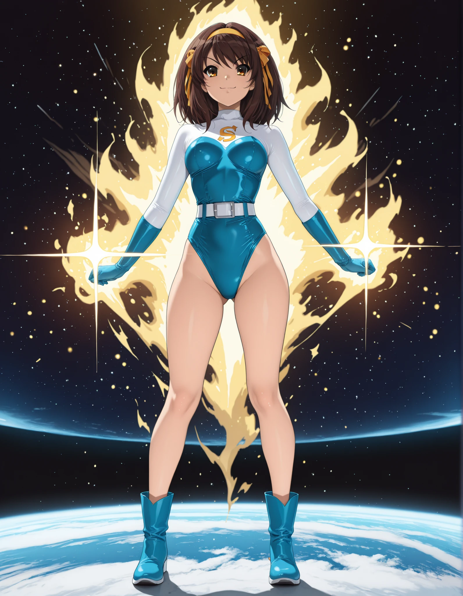 Masterpiece, best quality, high res, 8k, solo, solo focus, 1girl, sysdeep_haruhi, suzumiya haruhi as a superhero, (blue highleg leotard with white accents), (high waisted belt:1.4, tight belt:1.4), (bare legs:1.4), matching gloves, (matching boots, blue ankle boots:1.2), smile, standing straight, (her body glowing with a yellow aura:1.2), space background, diffraction spikes, light particles, fix hands, using her superpowers