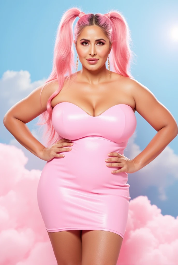 (masterpiece, best quality, high resolution, reyna Maléfica ((huge breasts))1 mature woman, very long and wavy pink hair, pink lips, long-sleeved white dress with cyberpunk style straps, pantyhose, heels, necklace, bracelets, earrings, smile ( white background, stickers. Redmond), ((full body standing)),
