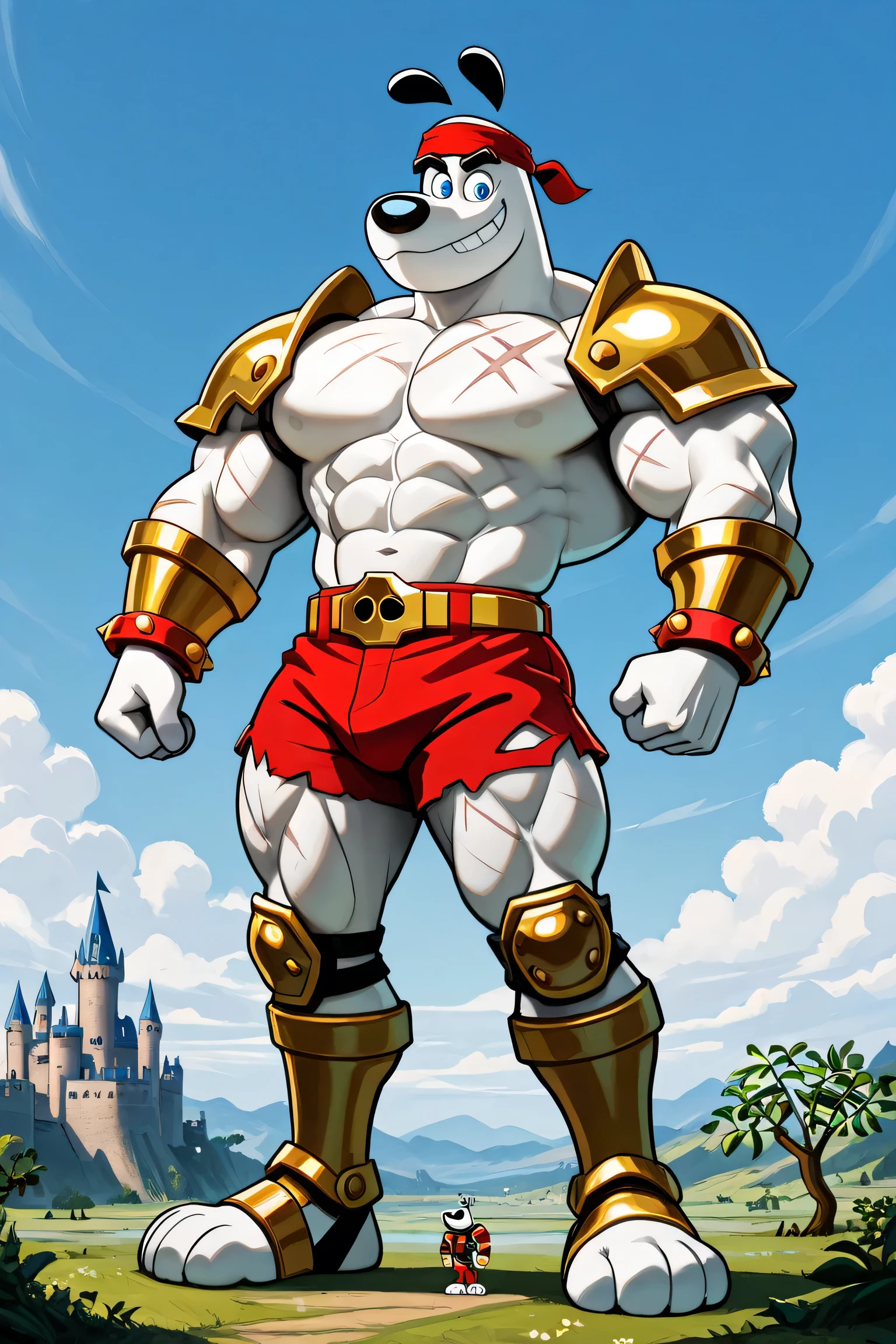 A Giant muscular barbarian dudley puppy (T.U.F.F Puppy), white dog, cartoon 2d style, giant, macro size, full body, muscular body, castle background, beanstalk plant in the clouds, Masterpiece, best quality, high quality, detailed, Dudley Puppy, male, solo male, 1boy, broad shoulders, mature male, blue eyes, athletic build, muscular male, black ears, black eyebrows, animal ears, white body, big eyebrows, shirtless, round snout, full body, golden armor, golden chest, golden belt, Red headband. Golden wrist tape. Golden elbow pads, Golden kneepads, ripped orange shorts, red underpants, bigger golden bracelets, red tattoos, scars on the body, big feets, outdoors, looking at viewer, smiling, macro size, giant size, blue sky background, beanstalk plant behind, castle background, dog barbarian, jack and the beanstalk scene.