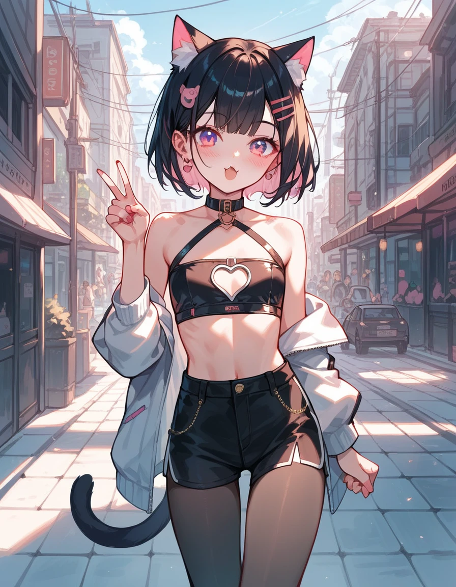 best quality, ultra-detailed, best illustration, masterpiece, high res (1girl:1.3), (solo), (perfect anatomy) (perfect face)), cleavage, wolf and sheep hybrid, (black hair), (black wool), (curly short hair), fair skin, ambiguous gender, (1boy1girl), flat chest, wide hips, thick thighs, (light blue mini shorts), ((gray long sweeter)), yellow glowing in the dark eyes, tired, androgynous, (long eyebrows), in a street, ((day))