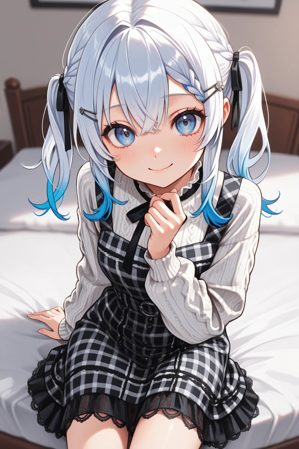 ((Masterpiece, best quality, high quality, very detailed CG uniform 8k wallpaper, very detailed, very detailed background)), detailed eyes, shiny hair, shiny skin, bright skin, (NSFW), (1girl, , adorable face, blush cheeks, light smile, blue hair, pigtails, blue eyes, wearing pajamas), (indoor, bedroom, sunlight through the window.)