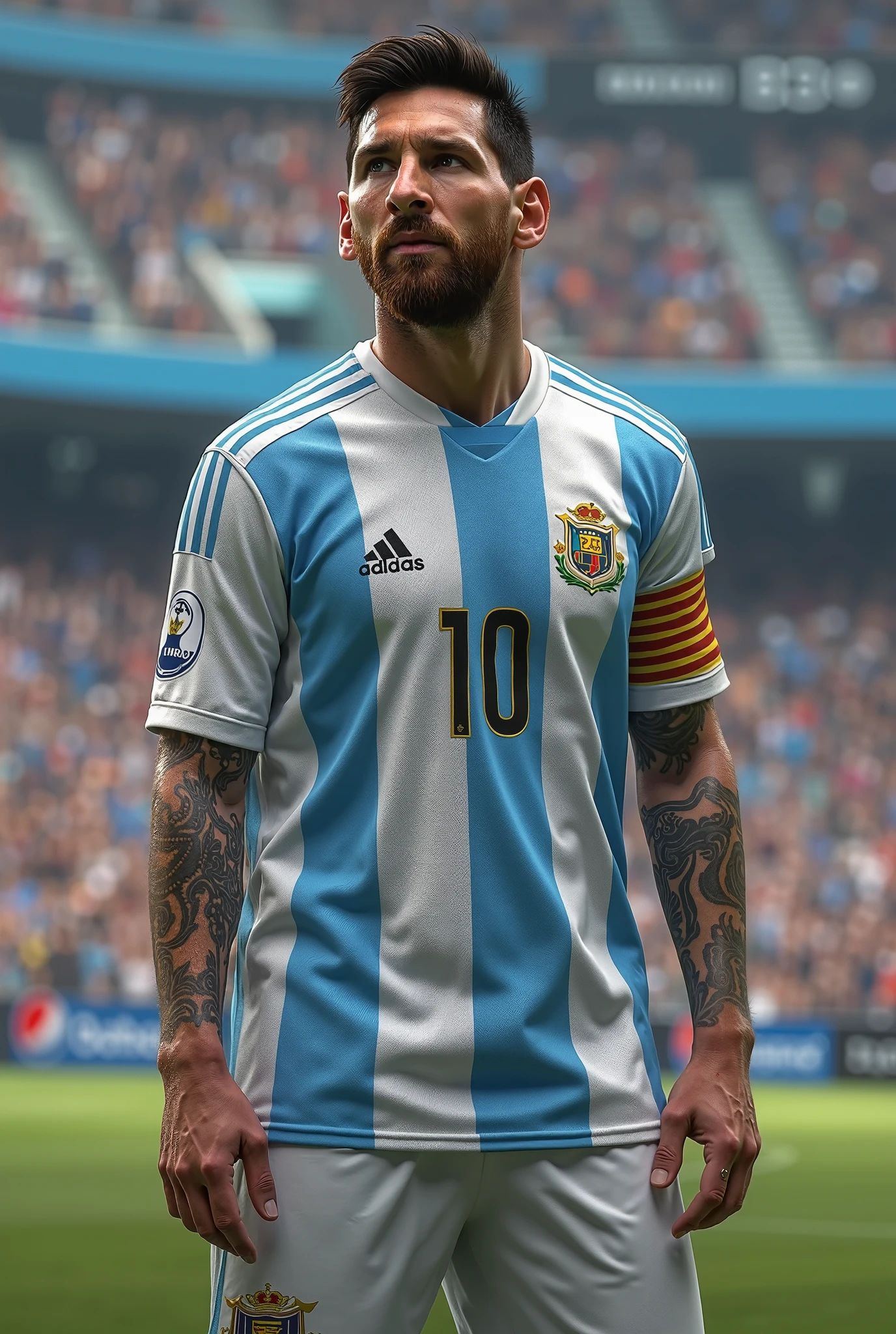 Messi standing at 90 degrees to the right making a gesture like they are with the Argentina shirt
