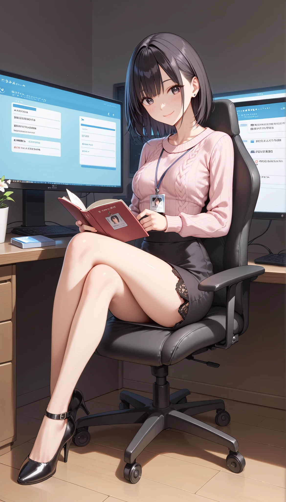 ((masterpiece)), ((best quality)), ((highest quality)), ((ultra-detailed)), ((8k cg wallpaper)), ((extremely delicate and beautiful)), ((illustration)), (high resolution), 1lady, black hair, straight hair, smile, black turtleneck sweater, medium breasts, dark gray skirt, black pantyhose, detailed hands, sitting in office chair, office desk, looking at viewer