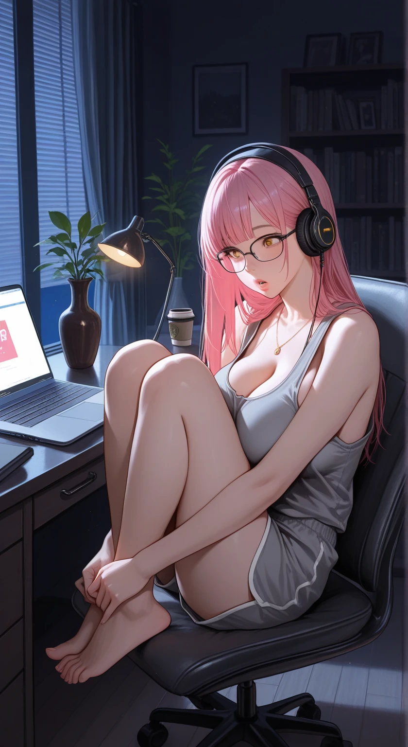 (masterpiece:1.1),(best quality:1.1),(hyper detailed:1.1),(high detail:1.1),(highest quality:1.3),absurdres,pink eyes,purple eyes,pink hair,wavy hair,hair over one eye,covered eye,long hair,tanktop,sitting,task chair,computer,from behind,head tilt,looking back,window,bedroom,legs crossed,headphones,huge breasts,open cardigan,shorts,left eye covered,