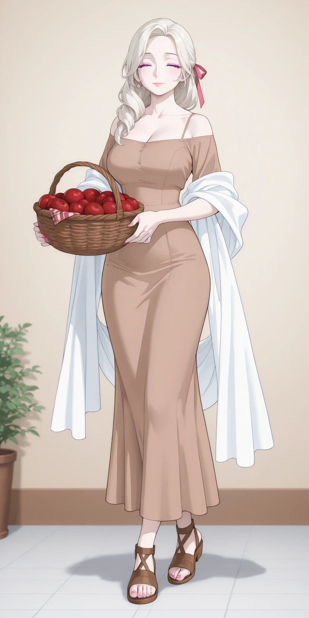 A mature beautiful woman with pale-blond hair, extremely fair white natural skin, big pink eyes, red plump glossy lips, pink nails, a small waist, and a perfect slim yet curvy body. She's only wearing a long ankle-length brown dress with spaghetti straps, a white thin shawl draped in an off-shoulder style, hair ribbon, and brown sandals. She's holding one basket, a soft smile, lips closed, and standing straight in the garden. Show her full body and super hyper-detailed.