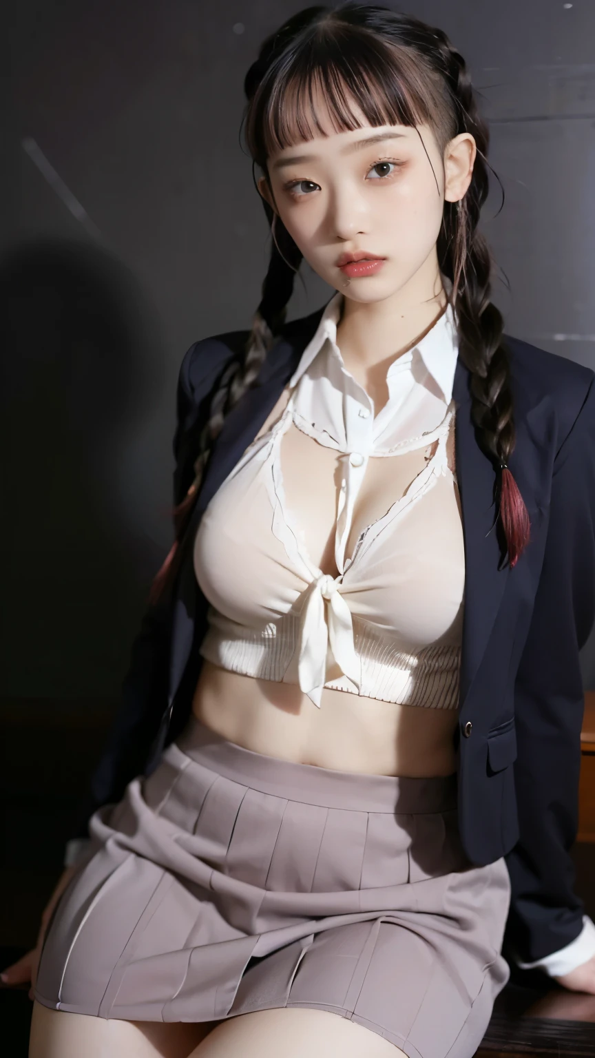Highest quality、Ultra-high resolution、(Realistic)、18-year-old girl、((((school uniform open))))、((((I can see her nipples)))),Hyper Detail、Super Realistic、(Realistic)、More about beautiful skin、(masterpiece:1.0)、(Highest quality)、(Ultra-high resolution)、8K resolution、Canon EOS R5、135mm、Absurd、Very detailed、Sharp focus、Fine skin、(((Chirarizum、Small breasts)))