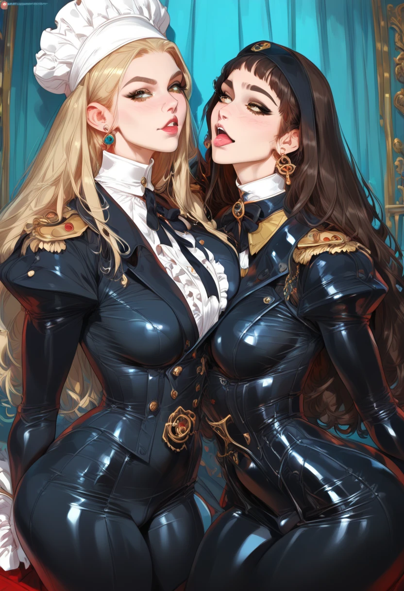 Two Girls, Couple, bangs, salute, Hands on hips, Gold earrings, Large Breasts, jewelry, military cap, (uniform), (epaulet), Jacket, Harness, Thigh straps, Black thigh-high boots, (Pencil Skirt), mini skirt, corruption, (Dark skinned women, Dark Skin:1.3), Hollow Eyes, Half-closed eyes, Wicked Smile, No students, Grin, ((Mature Woman)), Mature Woman, Married women, (Dark Theme:1.2), Dark person, Huge Saggy Tits, Skin Dentition, Chubby, Sensual, Thick thighs, Wide Hips, from the front, (chromatic aberration, Intricate details), Dynamic Angle、Grin、With a creepy smile, A smile with downturned corners,Open your chest wide