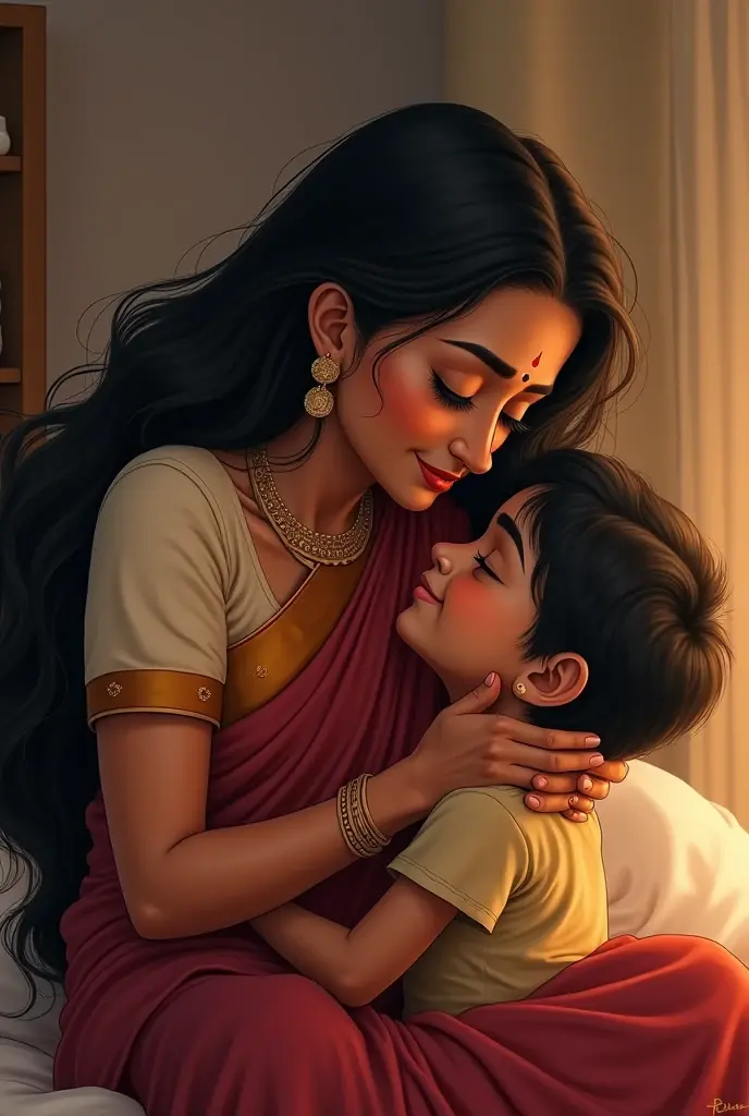 indian middile aged long hair aunty kissing young boy