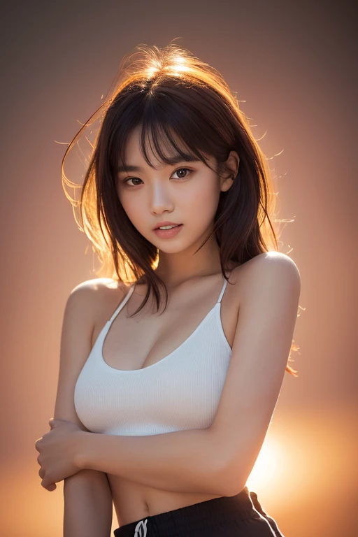 ompts
Copy
((Realistic lighting, best qualtiy, 8k, tmasterpiece:1.3)), sharp focus:1.2, 1girl, Beautiful Women with Perfect Figure:1.4, Slim abs:1.1, ((dark brown hair)), (White top:1.4）,（exteriors，during  evening：1.1），Sit on stairs，Ultra-fine face，Fine eyes，double eyelid，