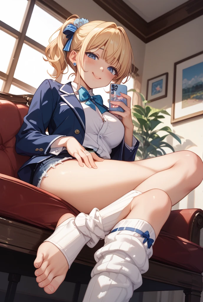 ((best quality)), ((masterpiece)), (detailed), perfect face, platinum blonde woman with brown eyes, in tight jeans and black bra, sweaty, laughing, indoors, sitting in bed, looking down at camera, sweaty socks, feet in dirty white socks, hair tied up in fancy style, platinum blonde, freckles, in bathroom, fancy posh hair styled up in crown braid, wearing white jacket, holding dirty sweaty white socks dangling, wearing pink handbag
