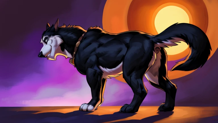 adult male, anthro jackal, dat ass, big butt, nude, looking at viewer, looking back at viewer, angry expression, angry look, red eyes, glowing eyes, grey fur, sand desert, low-angle view,