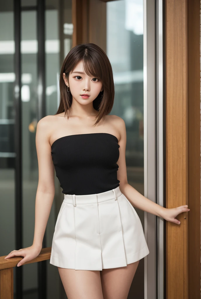 (realistic, photo-realistic:1.37), (masterpiece), (best quality:1.4), (ultra high res:1.2),(RAW photo:1.2), (sharp focus:1.3), (face focus:1.2), elegant, classy, standing, (full body:1.2), (1girl:1.3), extremely cute and beautiful, (((white shirt, sleeveless))) , (sleeveless), ((mini skirt)), (happy smile:1.3),, (shine brown hair:1.3), (bangs hair), (large breast:1.15), (sitting), dark Movie theater indoor, beautiful detailed eyes, looking at viewer, (extremely cute and beautiful), (no makeup), clean face, breathing, perfect ???????, perfect proportion, detailed human body, ((dark Movie theater background))