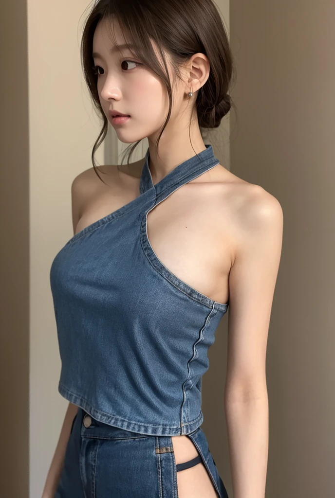 pose of an Indonesian girl with short hair and a girl wearing a overall unbuttoned half-opened coat who is sweating while posing facing the camera while wearing no bra no underwear , sexy transparent thin clothing, the top is slightly open and there is a brown and black shawl and the other is colorful, the place is in the exclusive suite room 