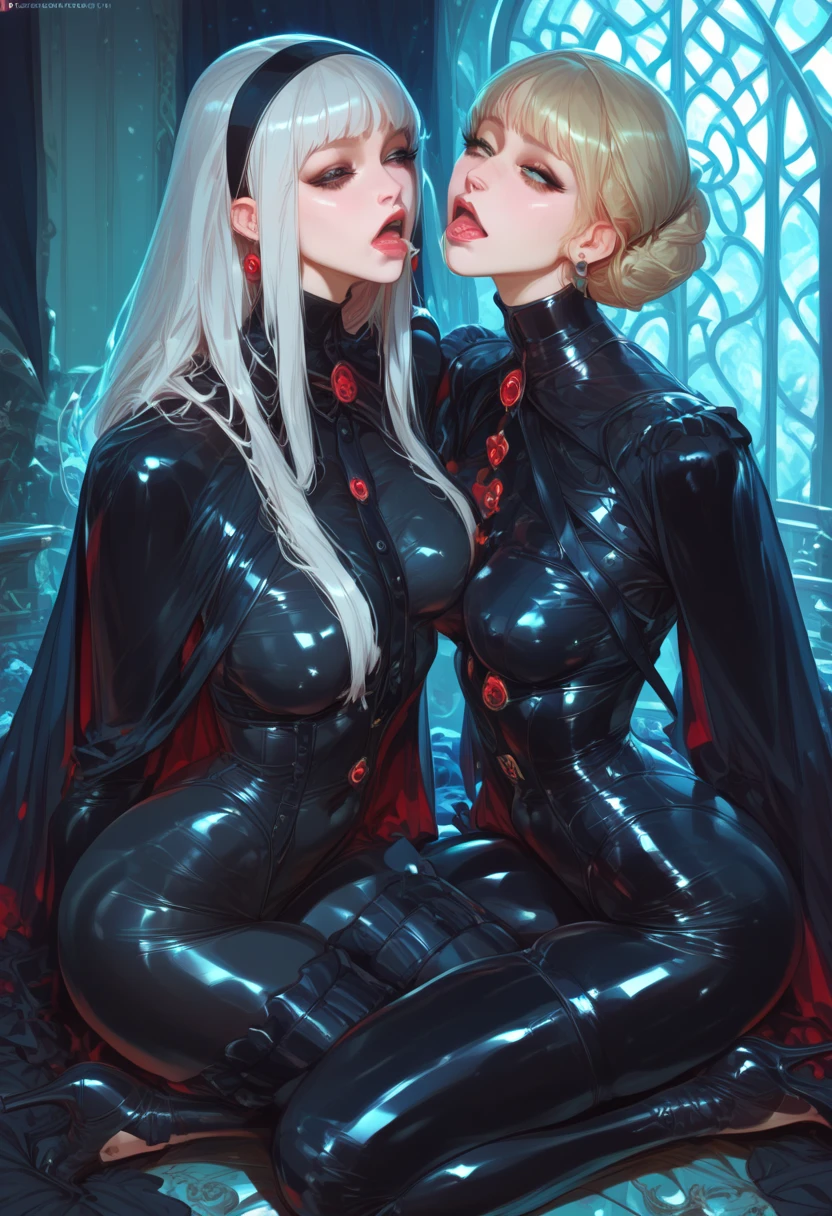 elf girls, super fine photo, portrait Unreal Engine 5 8K UHD, two elf girls, beautiful girls, elf, long white hair, tight black latex catsuit, long zipper, in a skin tight black latex outfit, slick black catsuit, black iconic character, smooth black skin, black body, PVC, some black, futuristic glossy latex suit, rubber suit, rubber belts, collar, rubber glove, rubber high boots, arm and leg cuffs, straps, best quality, masterpiece, official art, unified 8k wallpaper, super detailed, sharp focus, hugging, kissing, erotically sitting on a leather sofa, dynamic pose, body parts, no extra limbs, precisely anatomy