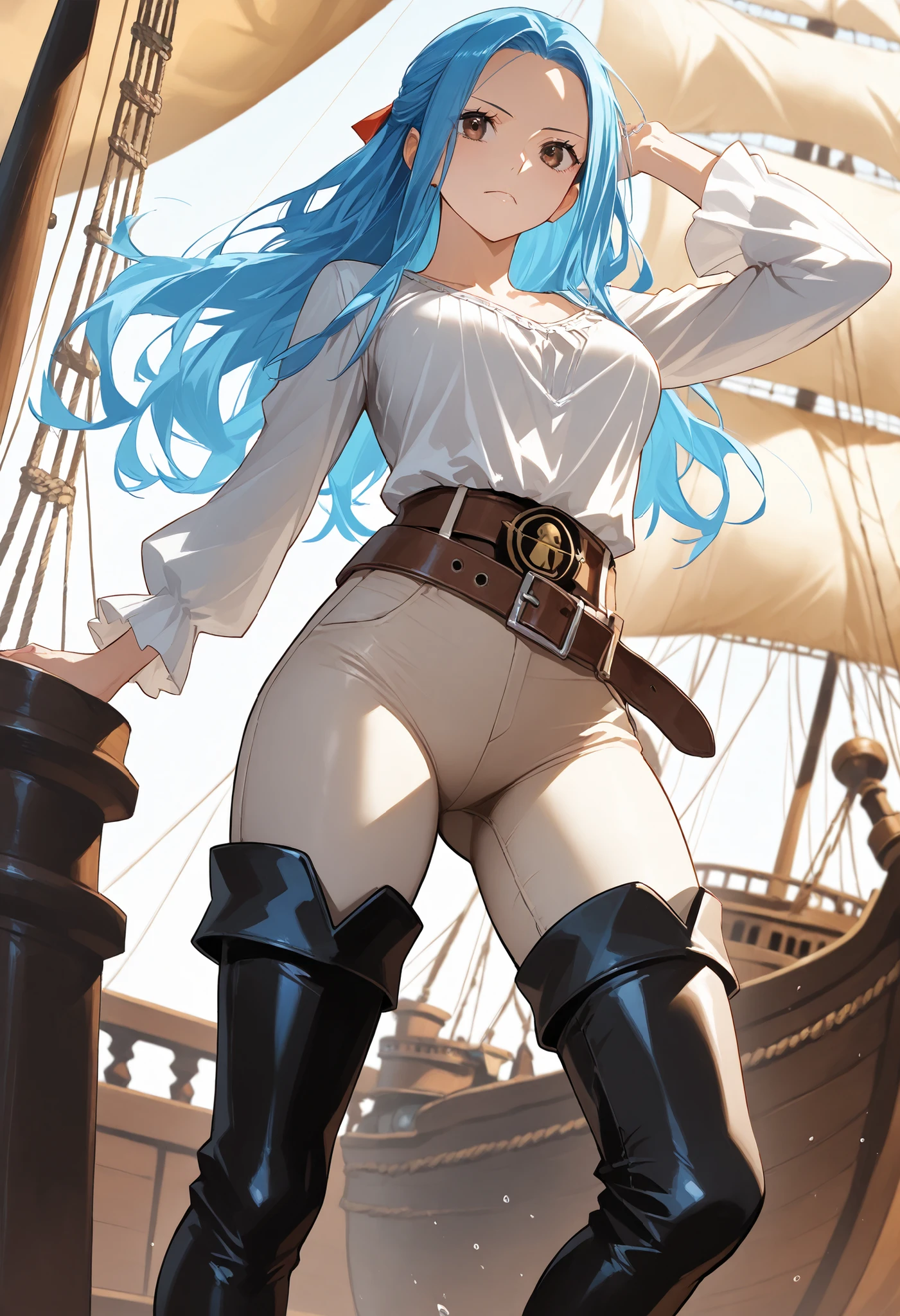 score9_up, score8_up, score7_up, solo, alone masterpiece, best quality, nefertari-vivi, blue hair, brwon eyes, long hair, black boots, black thigh boots,beige pants, beige tight pants, shirt, belt, on a pirate ship, very beautiful