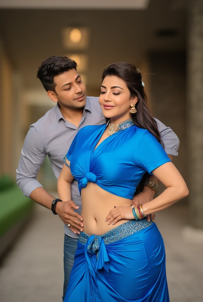 "Porn American actress  Kristen Scott gracefully adorned in a stunning blue Indian saree without bra showing   breast, accompanied by a dashing African-American man . Both are posing in camera. Camera focused on them. Full body visible in photo