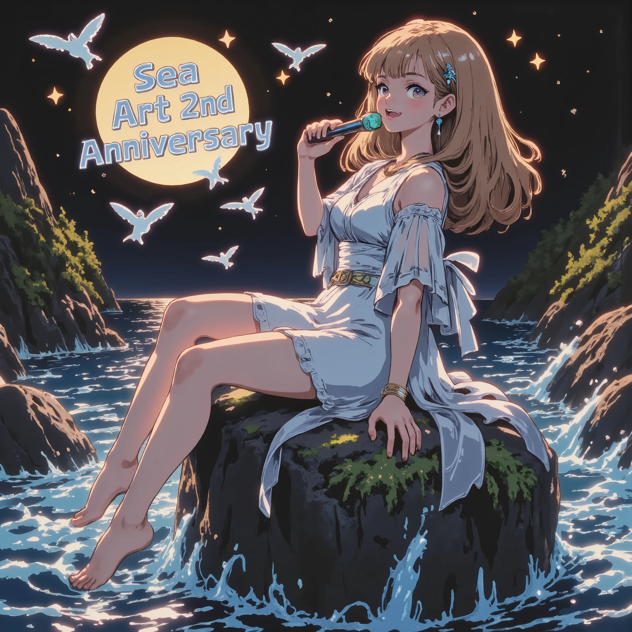 1girl、((A gentle, glowing text "sea art 2nd anniversary" floating in a dark night sky filled with soft stars)).((graffiti logo:"sea art 2nd anniversary")),The fantastic yellow light in the night sky depicts “sea art 2nd anniversary”. ((seascape))、hand, Perfect hands. Sitting.mature woman sitting on a large angular rock singing a song.from side,,woman focus. Mature female,Anatomically correct.,Blue water spirits flying gracefully around woman. , See-through dress.A cinematic, enchanting scene of a sea goddess sitting on a large rock singing a song., rugged rock emerging from a moonlit ocean. The goddess embodies dual aspects: serene benevolence symbolizing prosperity and haunting allure reminiscent of a siren, foreshadowing natural disasters. Her delicate features convey both gentleness and an unsettling intensity. The color palette is dominated by varying shades of deep blues, silvery moonlight, and subtle turquoise hues. Waves splash dramatically against the rock, illuminated by the luminous full moon casting reflections across the water. Artistic style is highly detailed, ethereal, and dreamlike, emphasizing soft yet powerful lighting, emphasizing the emotional contrast between prosperity and danger.Smiling for the camera、
", sharp eyes. Mature woman. Fantastic worldview.
.modernretroanime、
flaani
Anime、