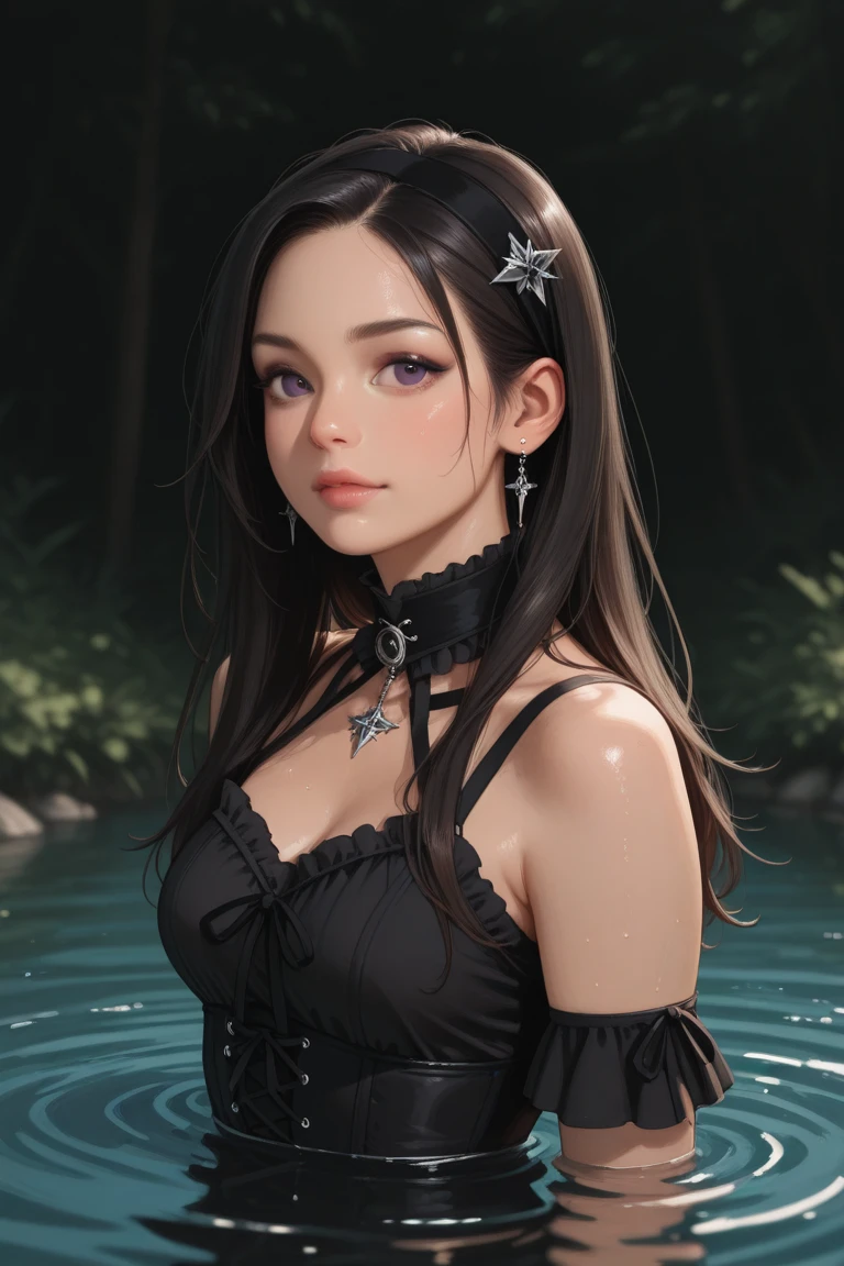perfect figure beautiful woman:1.4,Layered Hair Style,Protruding cleavage,Black two-dimensional clothing:1.5,Highly Detailed Face and Skin Textur,double eyelid,Whiten the skin,long whitr hair,playing water,Collar