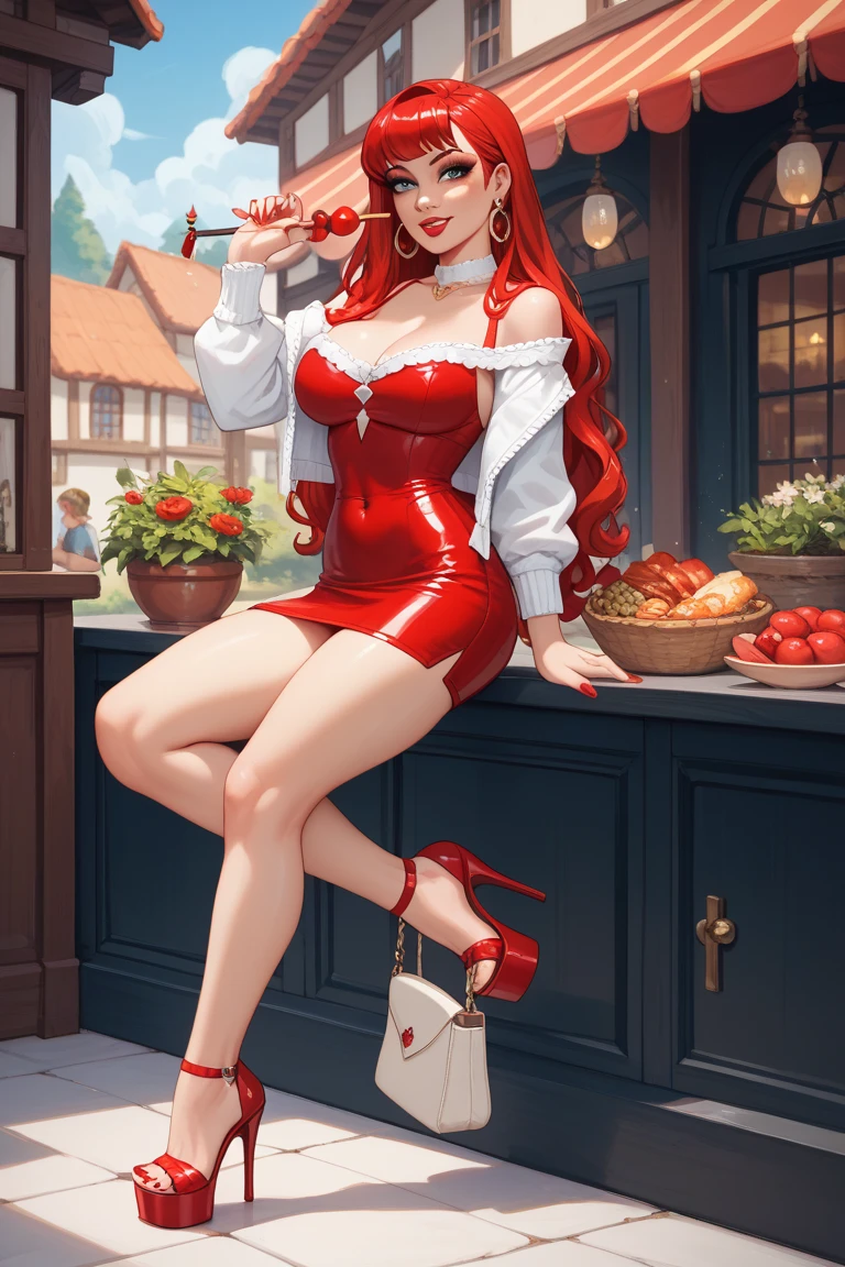 Woman in red and white dress sitting on bench, cleavage, Charlie Bowater, slight laughter, photo of beautiful woman, plump breasts, cute young woman, looking at shoulders, closing body shot --auto --s2