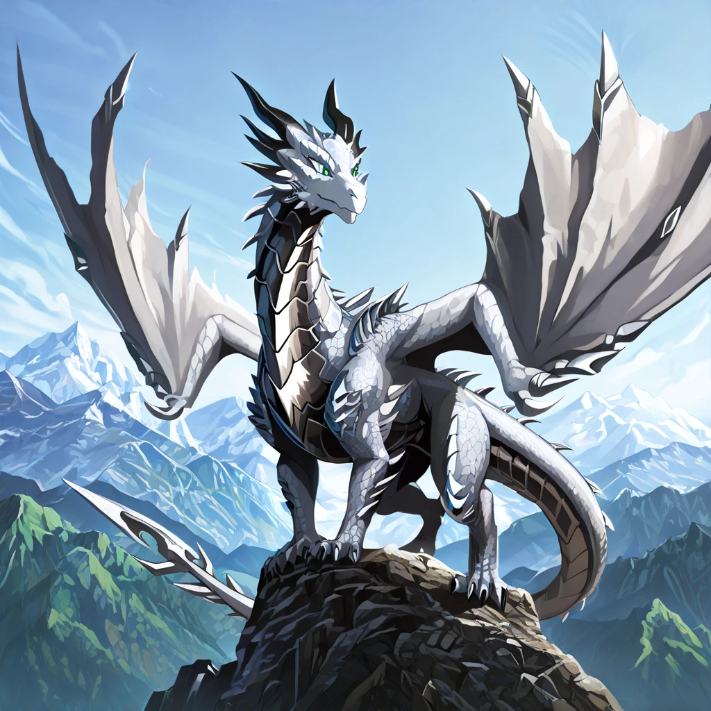 full body portrait of a realistic female obsidian black dragon, black opal wings, symmetrical wings, black opal stomach scales, white opal eyes, huge, long body, wings, many horns, curled horns, wolf shaped head, white eyes, mysterious mountain scenery, full body, cinematic, render, 8k, unreal engine, realistic, masterpiece, high detail, full body, low life, extremely intricate, extreme detail, volumetric lighting