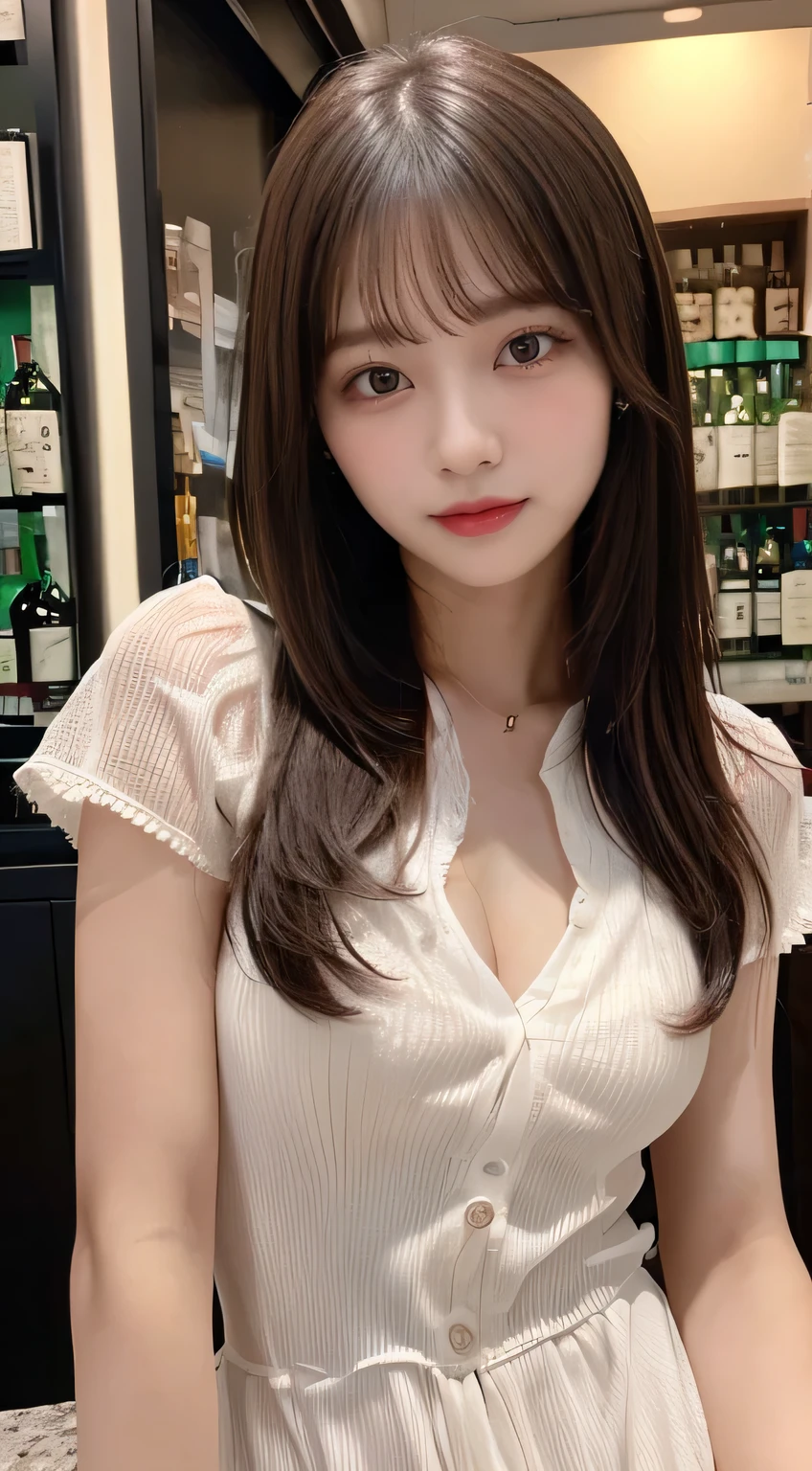 masterpiece, Highest quality, Realistic, Very detailed, Finer details, High resolution, 8k wallpaper, One beautiful woman, Wear an elegant see-through shirt, In a great restaurant, At night, Light brown messy hair, Perfect dynamic composition, Beautiful and beautiful eyes、Big earrings、Sit on a chair、Her cleavage is visible、I see a flashy bra、35 Talent、I can see brightly colored bras、