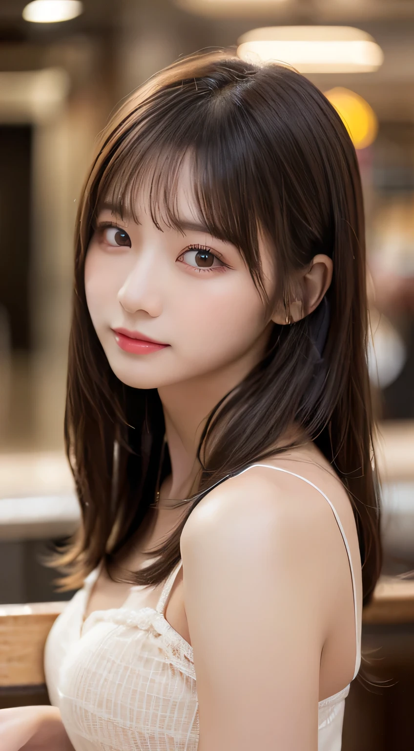 there is a woman with long hair wearing off-shoulder, 奈良美智, sakimichan, with small nose, chiho, with accurate face, cute natural anime face, japanese facial features, clear cute face, kawaii realistic portrait, asian face, 8k selfie photograph, soft makeup