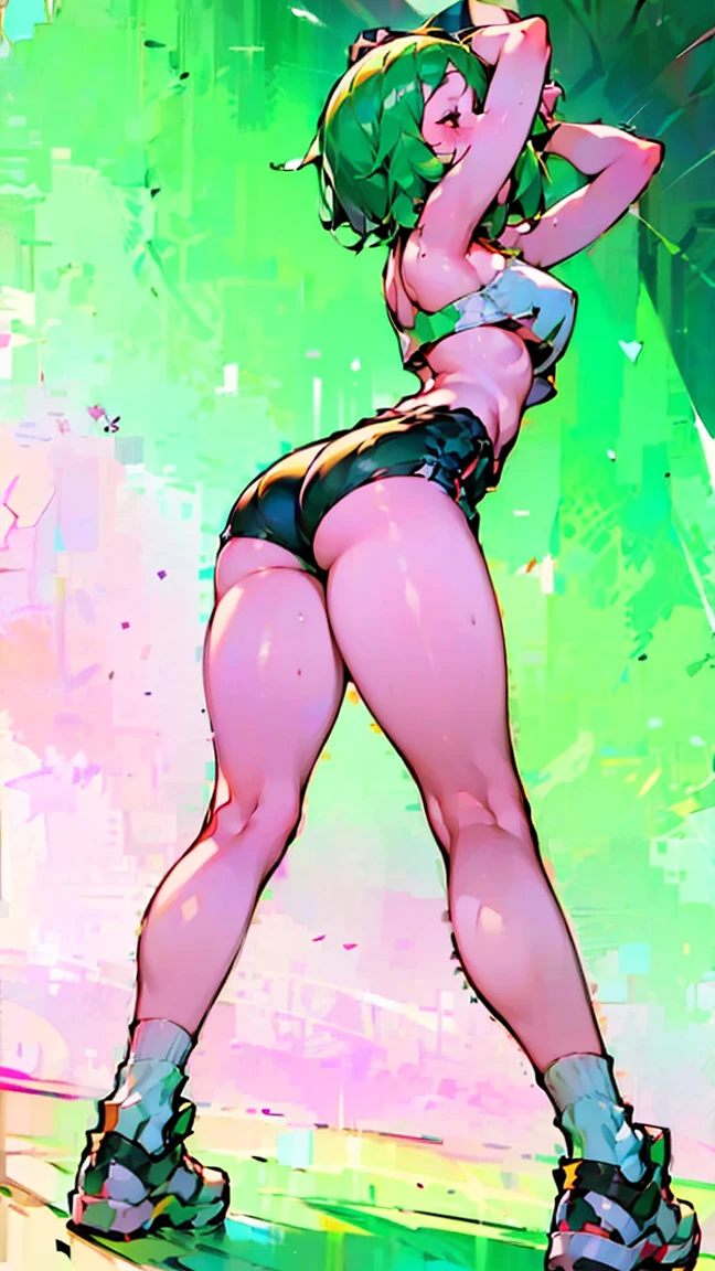 (((Annie Lennox))), (((turquoise and pink))), (scars), (((Bandaged hands))), (((back view))), (((perfect ass))), ((hooded cloak)), (((Quorra))), (((best qualityer: 1.4))), (Unbeatable masterpiece), (hiper HD),(CG 8k hyper-realistic), (((brave face))), (((breasts big))), (((hyper feminine))), sexly girl, Tron,(black bob hair)), ((( sculptural body ))), (((1 Kizi))), Kizi cibernética de 25 anos com perfectbody, standing backwards ,Beautiful and well-groomed face,muscular body:1.2,solid color detailed jacket, (Head to thigh photos), Complex equipment, green dark,long pants,Tight clothes are dark,With white stars and off-white stripes,,,,,Armor Metal Electronic Parts, Poison tattoos ) INFO, Kizi, (((standing alone))), pirralha violent, (((14歳))), sexly, pose de atitude, work of art, post-apocalypse, (((manga style))), bounty hunter, violent, Manic, the way you want, slenderbody, thin but strong, perfectbody, roupa moderna, advanced technology, neon, sleeves with vertical striped pattern, neutral background, (( cowboy shot )). intricate visual