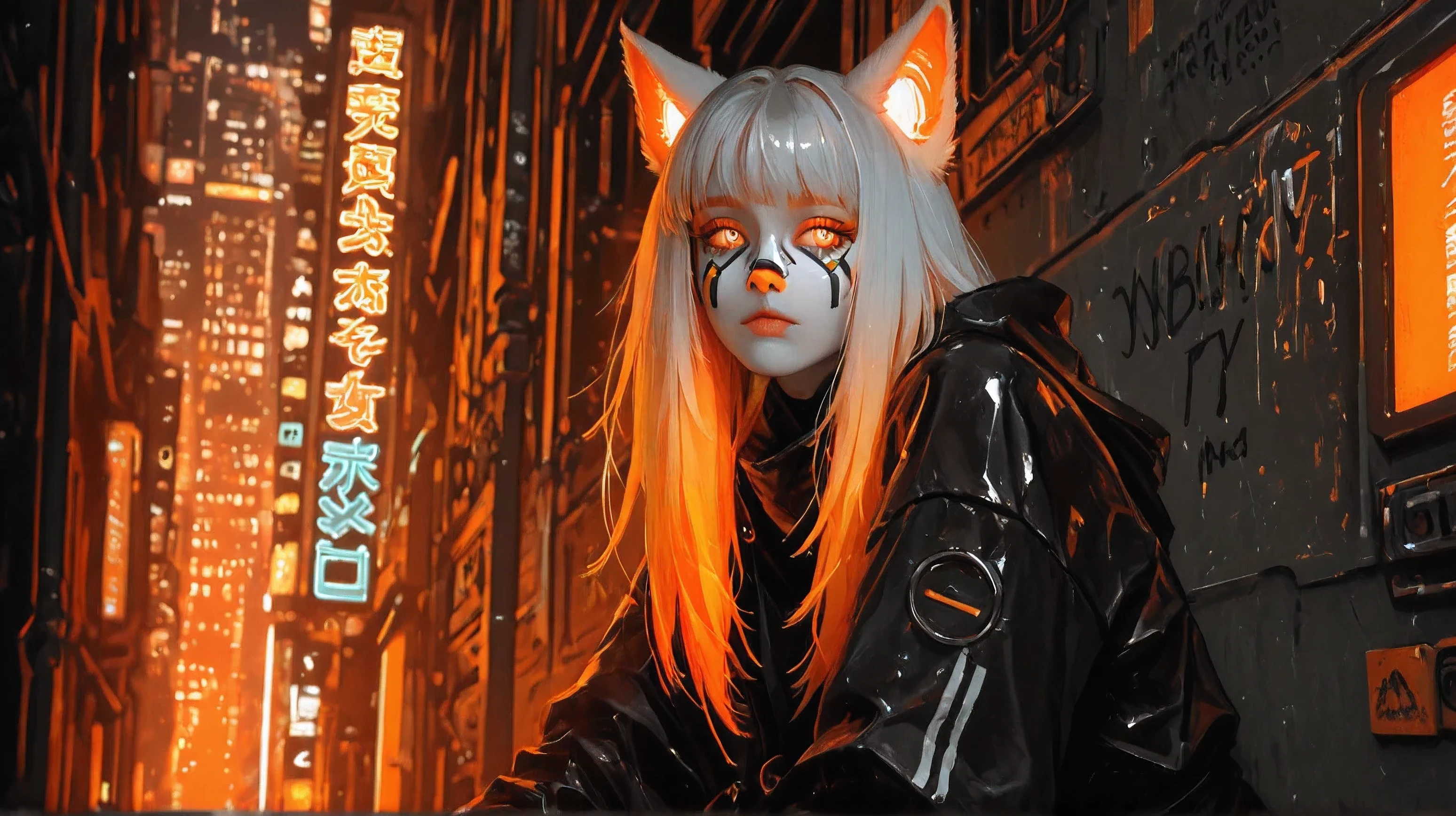 Cyberpunk female character looking like a feline hybrid. She has skin painted with cat stripes in vibrant orange tones, white and black , Your eyes are intensely bright, of an orange hue, and she has realistic cat ears with visible fur. Your face has human features with feline touches, including a small, painted nose and mustaches-like details.
She is wearing a glued technological costume to the body, made of shiny and futuristic material, also in orange, with black stripes integrated into the. Parts of your body, like the left arm and hands, are visibly cybernetic, with metallic components and exposed circuits. There are tattoos or digital symbols in oriental style scattered around her arm and shoulder. Her hair is long, smooth and platinum , flowing lightly .
The character is leaning against a rusty metal wall in a futuristic city, with letters neon signs with oriental characters in the background, tall buildings in rainy weather, typical design of an urban cyberpunk environment, like Neo-Tokyo."