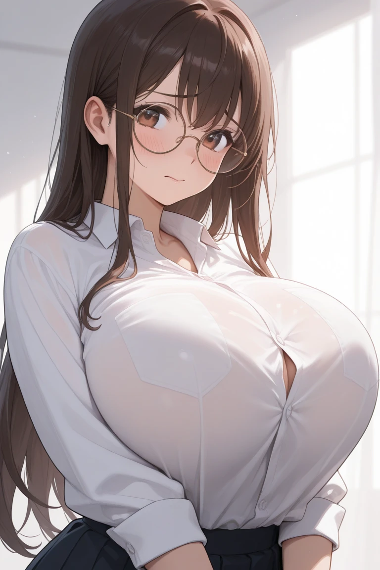 (highest quality:1.5, High resolution, 超High resolution, 4K, Detailed lighting, Shaders), Brown long hair,Purple eyes、Square Glasses、 Big Breasts, Pink nipples, Cleavage, jeans, Ahegao, (throw, Close-up shot), Are standing, A park with people