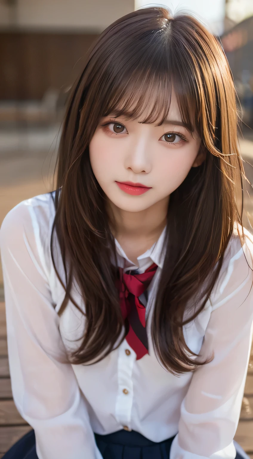 masterpiece, face only shot, Accurate front view, deep kissing face, raise the chin, face up, a Japanese young pretty woman, glamorous figure, wearing a short sleeves white collared shirt with shiny red satin plain bow tie, absolutely pretty face, closing eyes, looking up, stick mouth out, glossy lips, open mouth, sweaty face, double eyelids in both eyes, Natural makeup, long eyelashes, shiny smooth light brown hair of medium length, asymmetrical bangs, tanned skin, in the classroom, head frame, central image, 8K resolution, high detail, detailed hairstyle, Detailed Face, spectacular cinematic lighting, octane rendering, vibrant, hyper realistic, perfect limbs, perfect anatomy