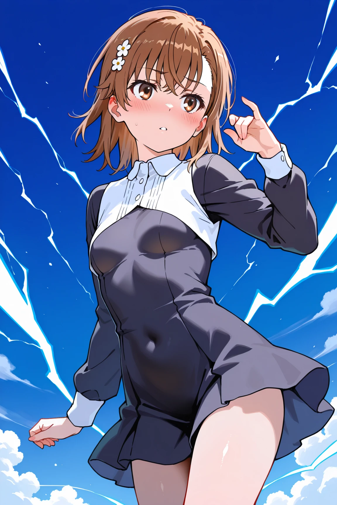 blonde hair, short hair, hairband, Purple eyes, 16years old, , empty eyes , large breasts, solo, nipple, , Heavy snowfall area, Freezing wet crying ,naked, flooding, lightning, inferno, running, bloodshed
