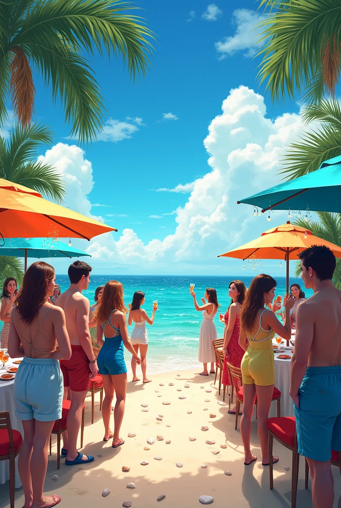 beach,100 people,Men and women in swimsuits,cheers,barbecue,drinking beer,リゾートbeachの背景,summer sunshine,masterpiece,rich colors,highest quality,official art,fantasy,colorful,Happy,smile,,I'looking forward to it,happiness,nice background,Fun time,Sparkling,beautiful light and shadow,stylish,anatomically correct,Detailed details,rendering,