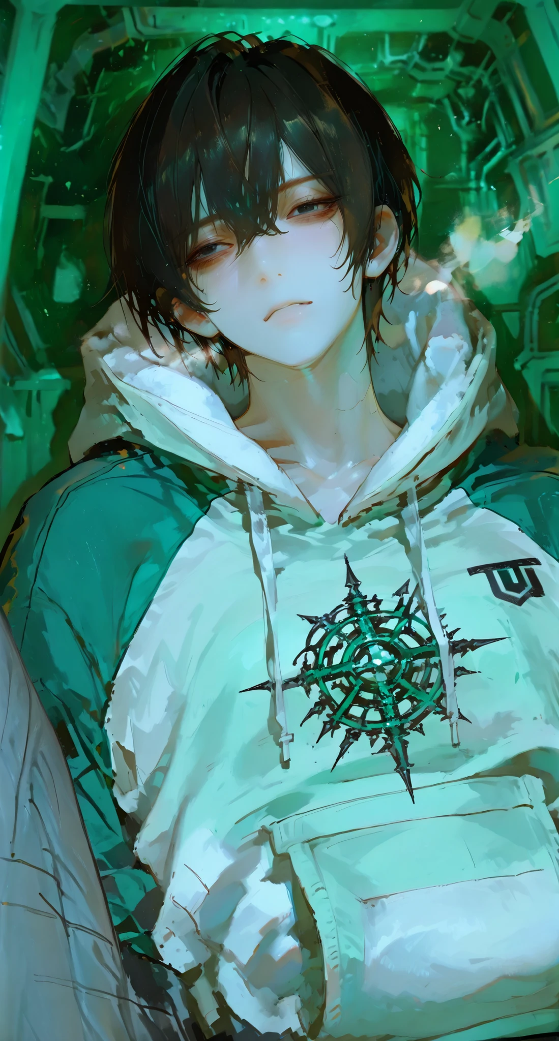 1个boy,Hairstyles for boys, gender male ,Boys short hair,has dark hair, Cold, blank , high detail, conceptual art, super detailed, high details, high quality, best quality, black eyes, brunette, beautiful, tall, emotionless, blank , weakly happy , Medium, light dark eyes, ((virilized)), ((Handsome male face)), handsome, bite_1024, ( Wear a light green plush jacket), masterpiece, full body, alone, blurred background ,Inside the spaceship, green background, Cold expression (close up), light atmosphere , 1个boy, ,( character data sheet:0) Perfect face, {Big top view},Light green hoodie,Tall,tall ,The cicada is lying slightly right now,Gray long pants,trendy pants,{ long pants}Lower eyelashes,Normal neck,boy,ferocious eyes, bangs