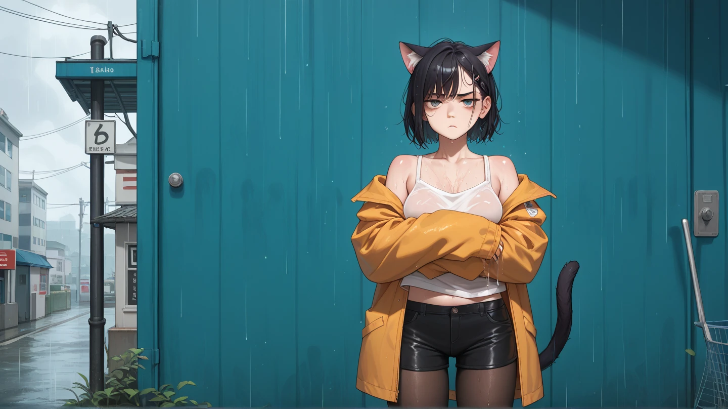 (best quality, masterpiece:1.2), 1 girl, with yellow electric guitar, mischievous smile, (medium breasts:1.4), (erectile nipple:1.4), dog ears on head, helpless girl, submissive girl, black hair, medium hair, beautiful eyes, yellow eyes, glasses, nude, postura corporal de rodillas, up skirt, black skirt, mini skirt, wet pussy, show pussy, background in abandoned building,