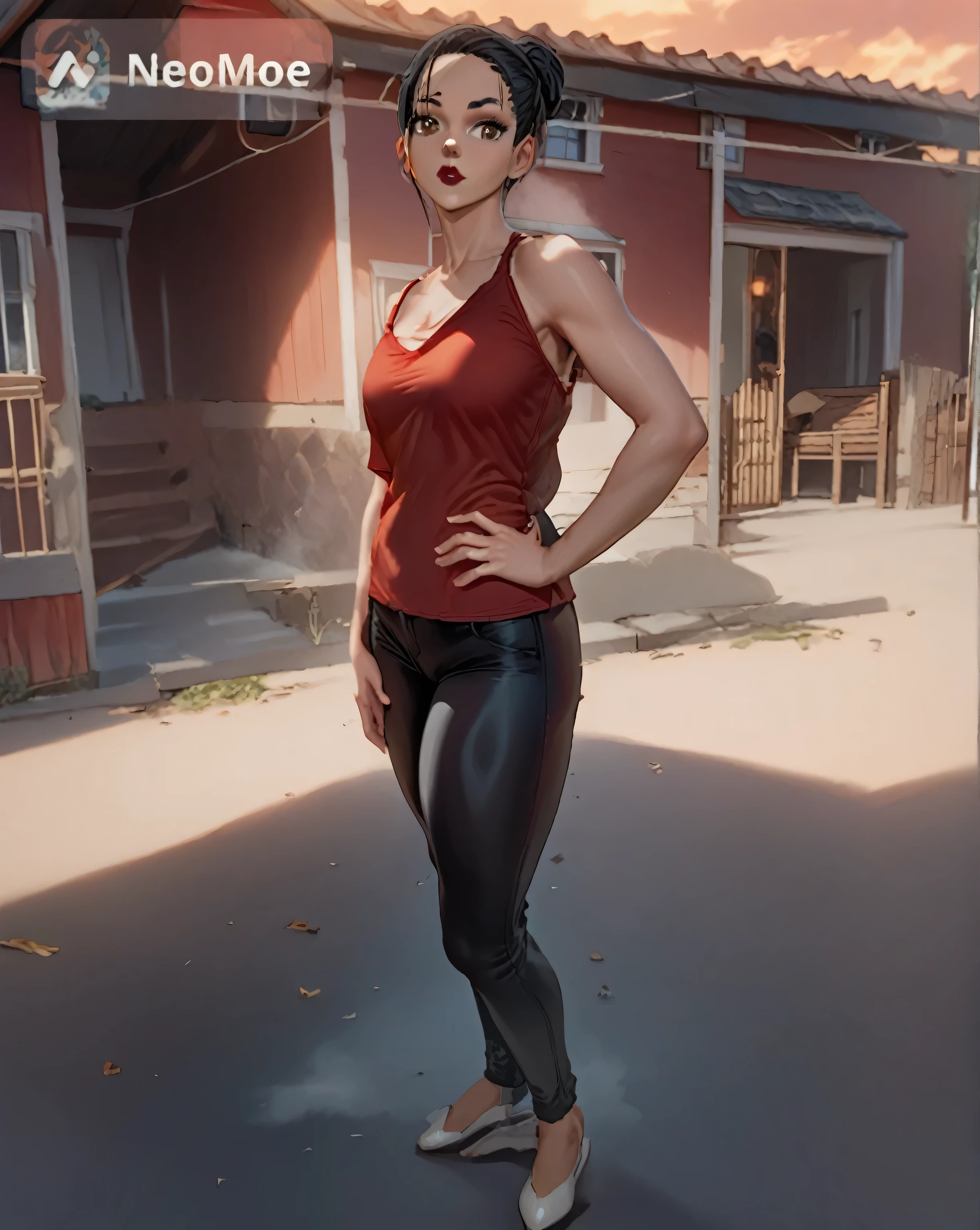 perfect body, black hair, top knot hair bun, black thin eyebrows, dark brown eyes, nose, lips, red lips, collarbone, medium breasts, red tank top, hand on hip, standing, (thick thighs:1.3), pants, black pants, white shoes, house, street