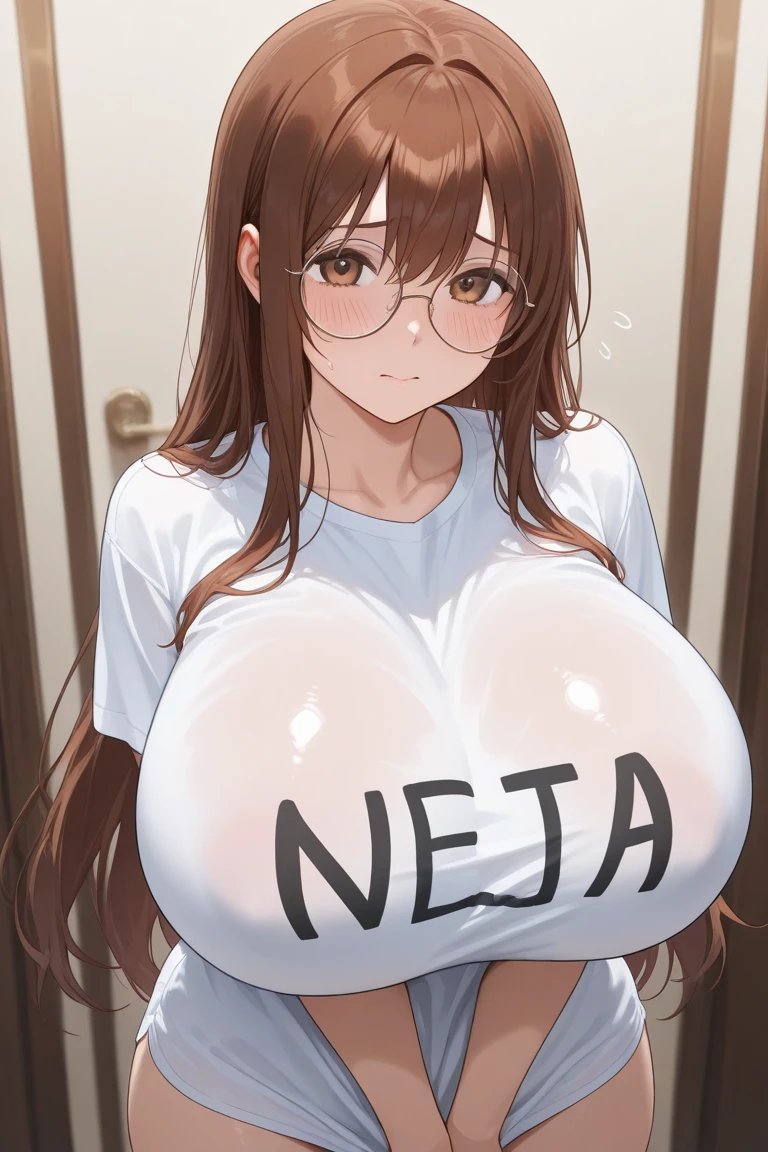 brown hair, blue scrunchie, hair scrunchie, half updo, long hair, pink eyes , live stage, large Breasts, , live stage, large Breasts, nsfw,, (wearing nothing: 1.5), smile Solo Nipples Smile solo,