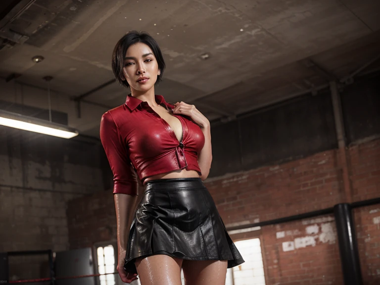 a beautiful woman wearing red shirt and black shorts, medium breasts, large buttocks, profile view, rainy background, photorealistic, 8k, ultra detailed, cinematic lighting, dramatic colors, dramatic atmosphere