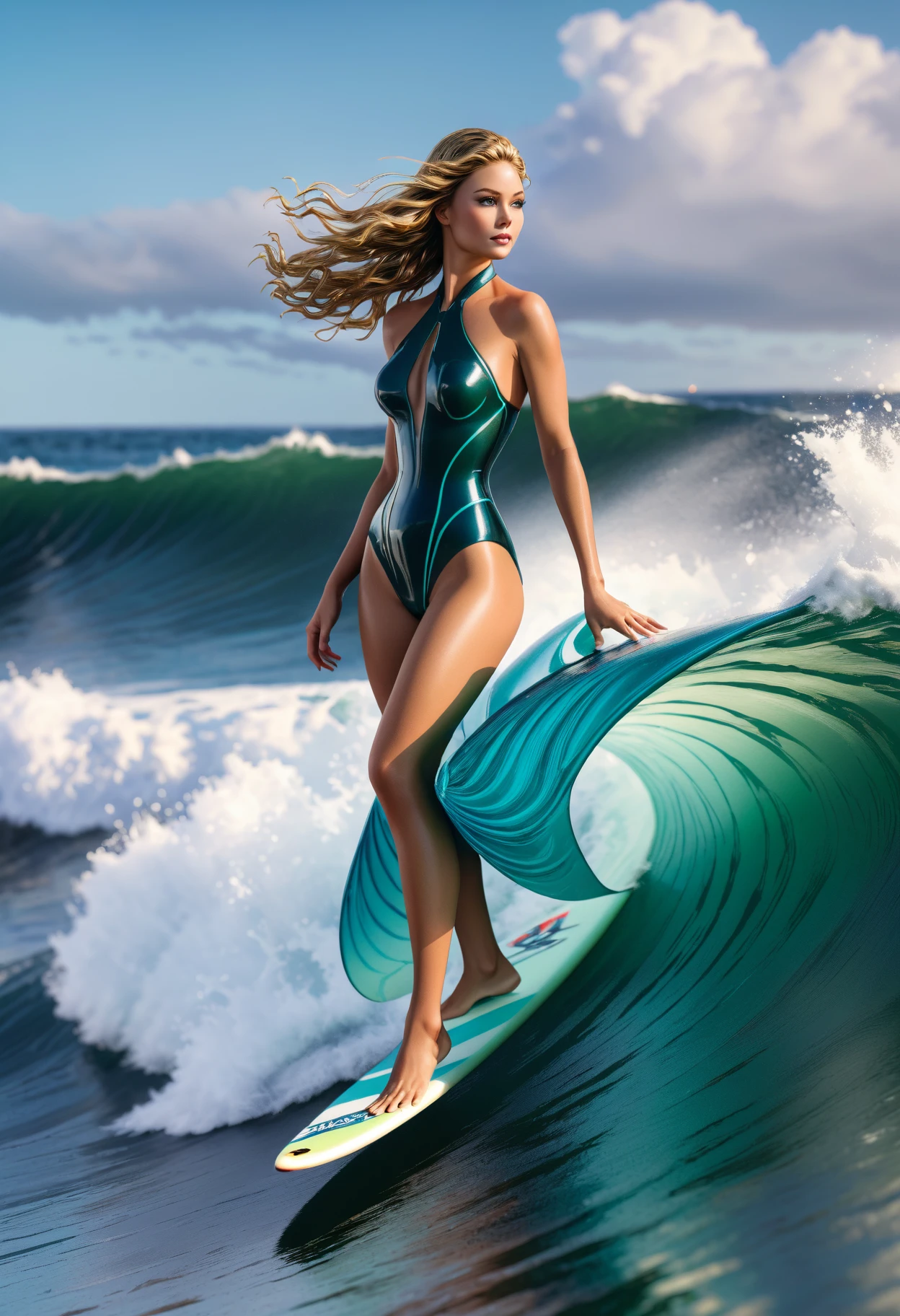 la plus haute qualité,masterpiece ,Ultra haute résolution,(réel:1.4),Photo originale,Ultra haute résolution，8k，Il y a une sublime femme surfeuse rousse, regard concentré sur la vague, une main dans l'eau du rouleau de la vague, peau claire, Maquillage exquis，Grandes vagues，body en fines dentelles de latex sexy et sublimes :1.5, sublimes Longues jambes, Lumineux et beau, surf dans le rouleau d'une immense vague aux détails fractals, à l'intérieur de la vague, pose de surfeuse sur sa planche de surf, mouvement dynamique vers le photographe