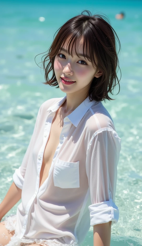(​masterpiece:1.3), (8K, Photorealsitic, RAW Photography, Top image quality: 1.4), japanes, (1girl in), beautiful face, (lifelike face), (A dark-haired, short-hair:1.3), Beautiful hairstyle, realistic eyes, Eyes in Beautiful Details, (real looking skin), Beautiful skins, enticing, 超A high resolution, A hyper-realistic, High Detail, the golden ratio, (Detal Face:1.2), see the beholder,a smile,opened white shirt,middlebreast,is standing,put hands on the hip、sea the background of. Subtitles reads: All things coexist harmoniously, guarding the earth for love.