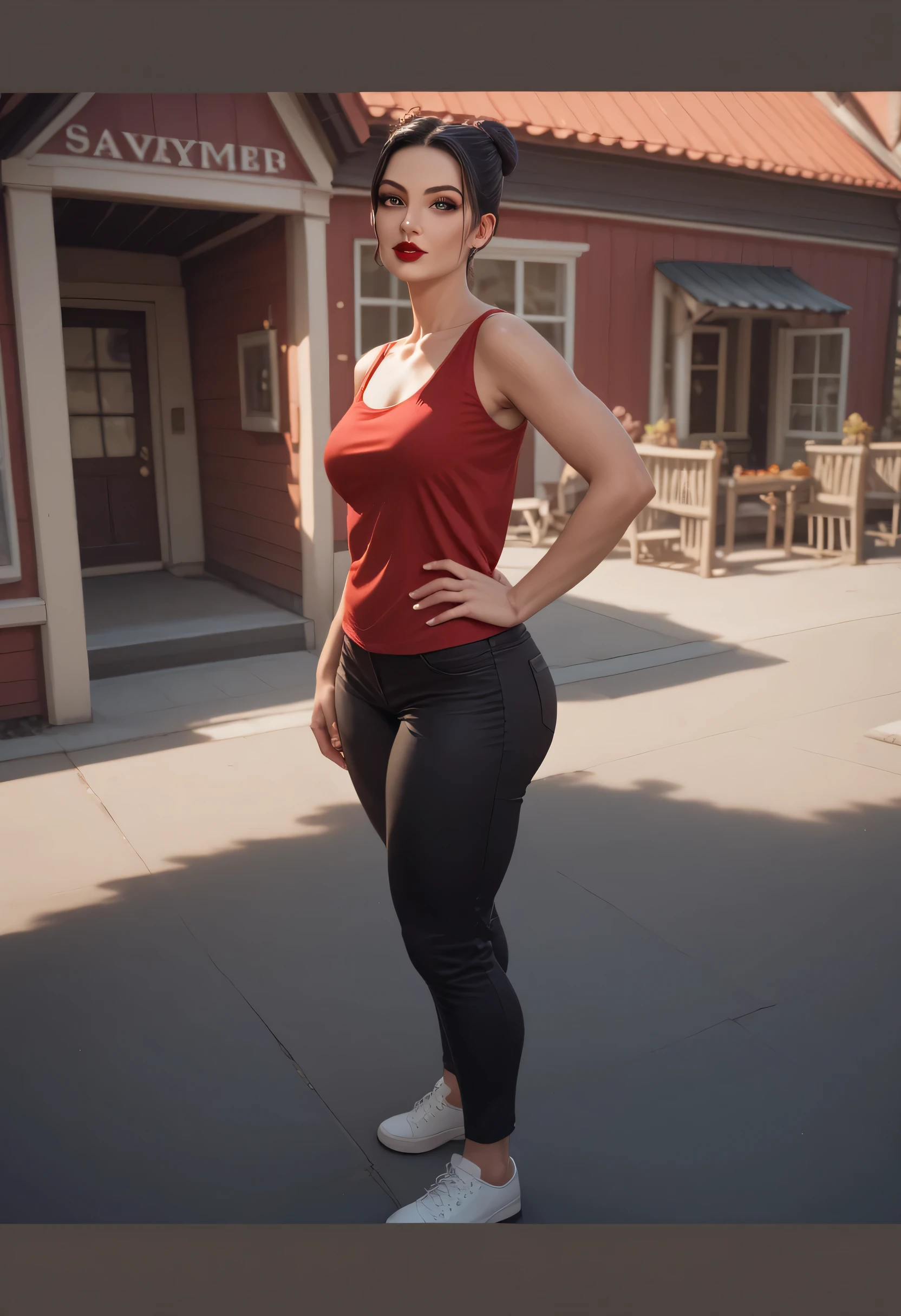perfect body, black hair, top knot hair bun, black thin eyebrows, dark brown eyes, nose, lips, red lips, collarbone, medium breasts, red tank top, hand on hip, standing, (thick thighs:1.3), pants, black pants, white shoes, house, street