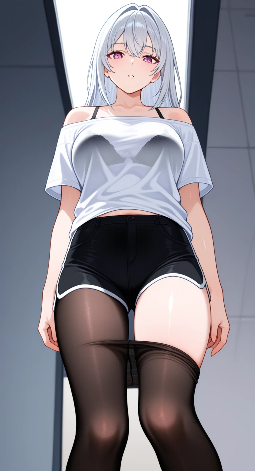 using pantimedies, wavy black hair, piercing look with deep red eyes, average stature, Waist length hair, Silky hair with a ponytail hairstyle collected with a red bow with two white lines, has a vagina, has breasts, cup of breasts, small breasts, slim, foreground, Session, sitting in her room, standing in his room, wearing pantyhose, using pantimedies, Picardias, neckline, looking at the viewer, lascivious smile, ((oversized t-shirt)), off the shoulders, without pants, washing machines, thighs, ((White T-shirt)), standing, hands on the hips,, shoes, blush, from below, thighs gorditos, thighs grandes, big ass
