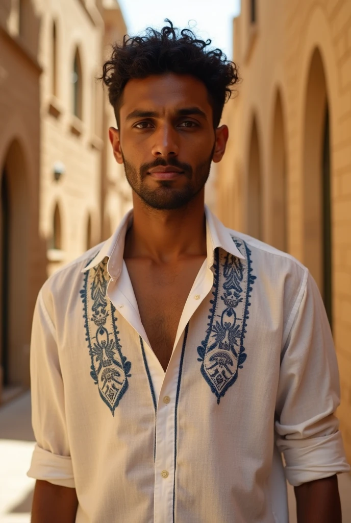 Boy aged 20; eyes blue; hair short; hair colour gold; fair skin; tight-fitting clothes; colour blue; dress style Arabic